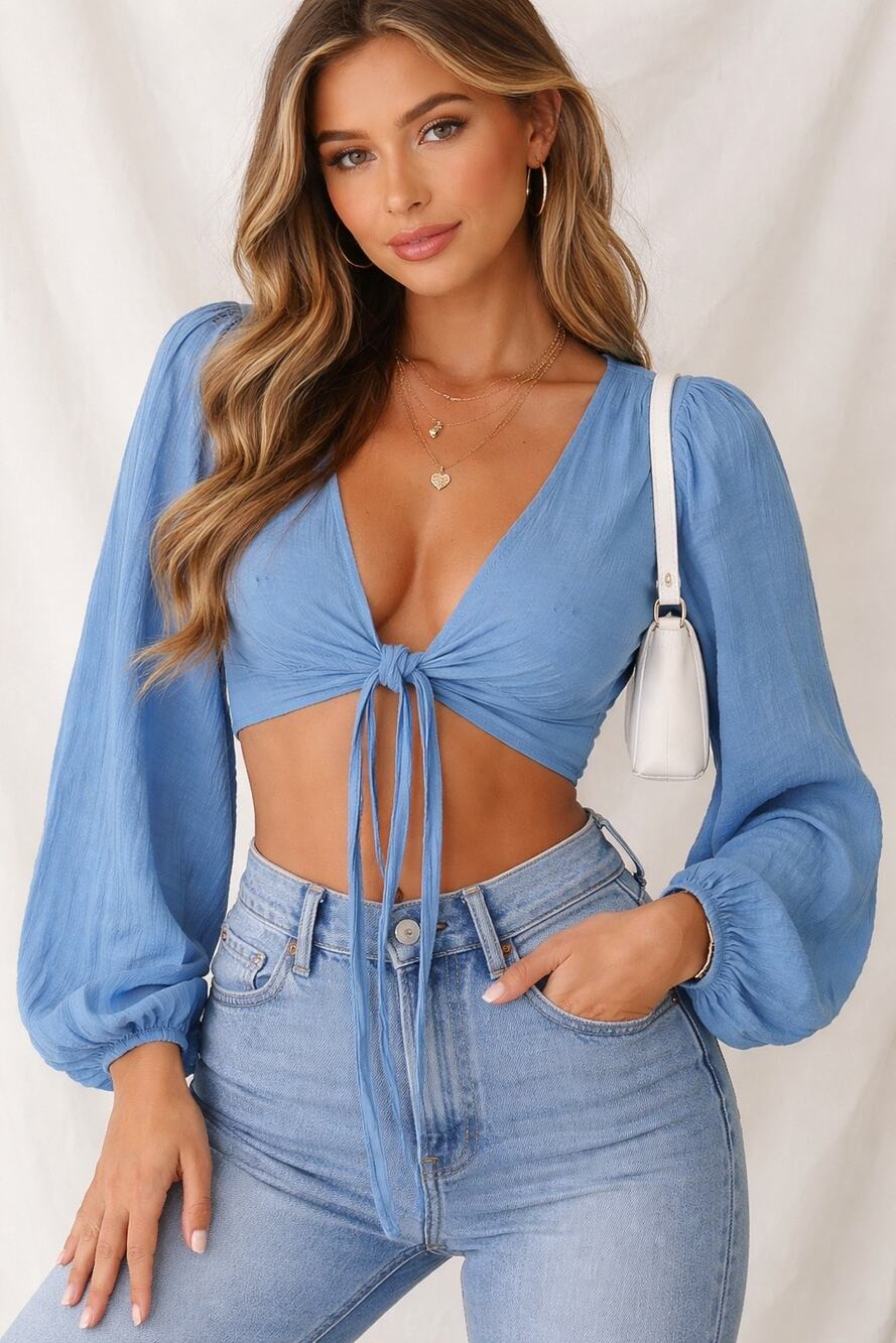 Peppermayo Blue Cropped Tie Front Top Long Sleeve Size US 2